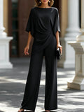 Women's Draped Boat-Neck Top and Wide-Leg Pants Set