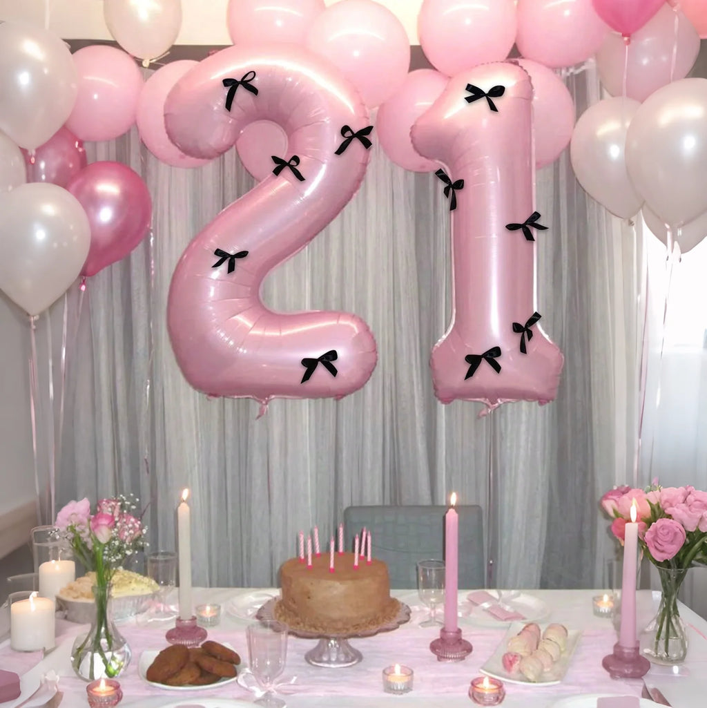 Pink Number Balloon Set with Black Bow, Seven Pieces