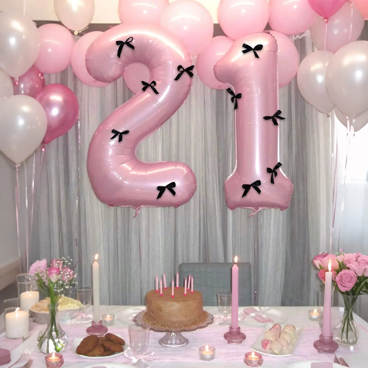 Pink Number Balloon Set with Black Bow, Seven Pieces