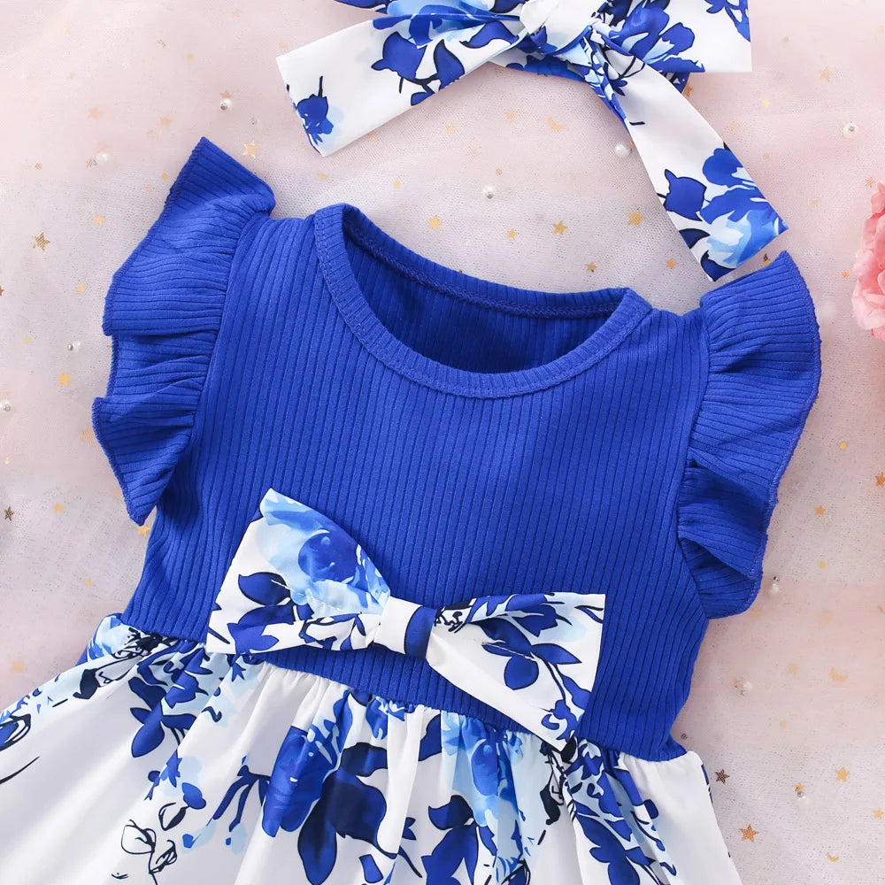 Baby Girl Blue Bow Floral Summer Dress with Hairband