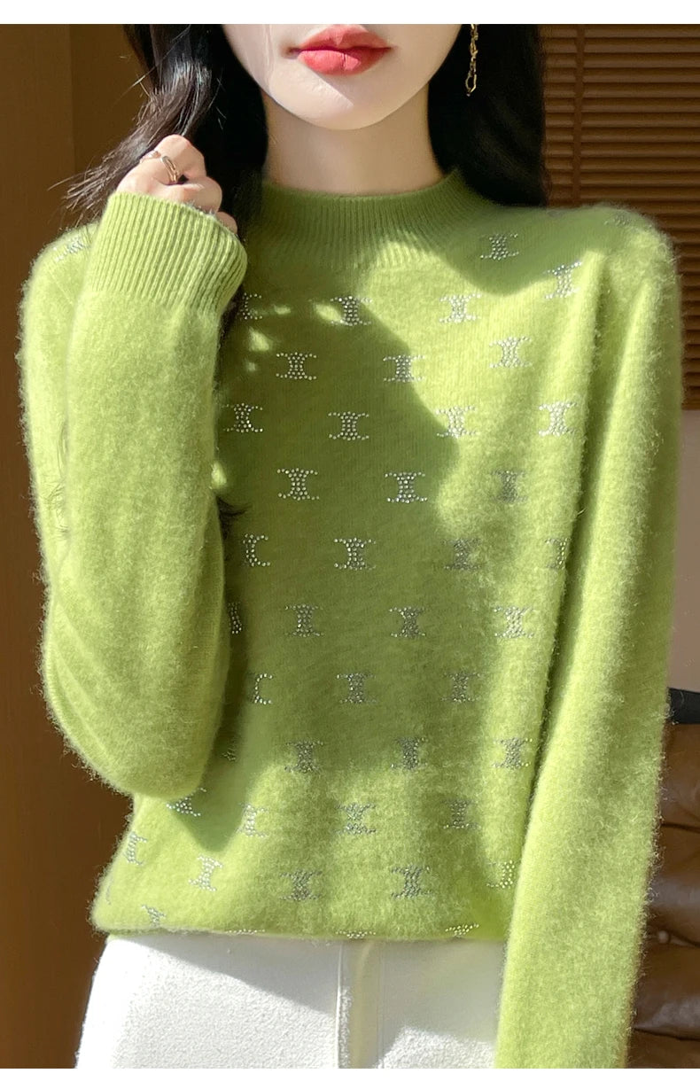 Women Fine Wool Thickening Sweater Half-high Collar Leaf studded With Diamonds Pullover Female Knitted Basis Tops Autumn Winter Dsers