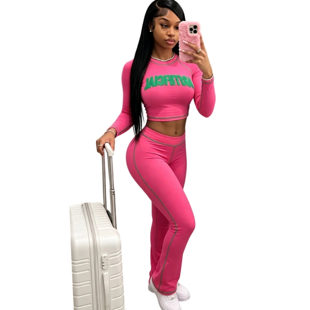 Women's Contrast Letter-Print Top and Flared Pants Set