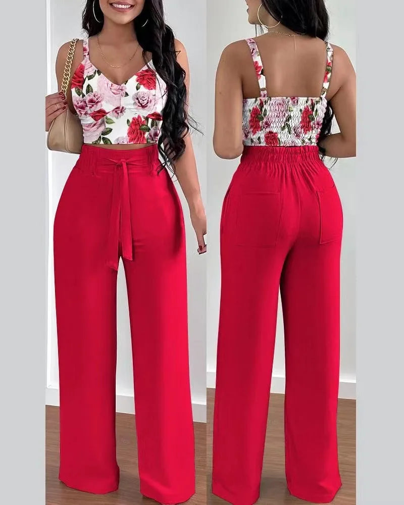 Women's Printed V-Neck Halter Top and Wide-Leg Pants Set