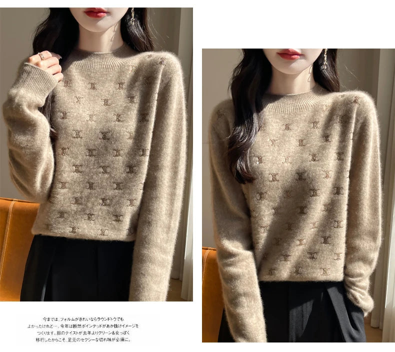 Women Fine Wool Thickening Sweater Half-high Collar Leaf studded With Diamonds Pullover Female Knitted Basis Tops Autumn Winter Dsers