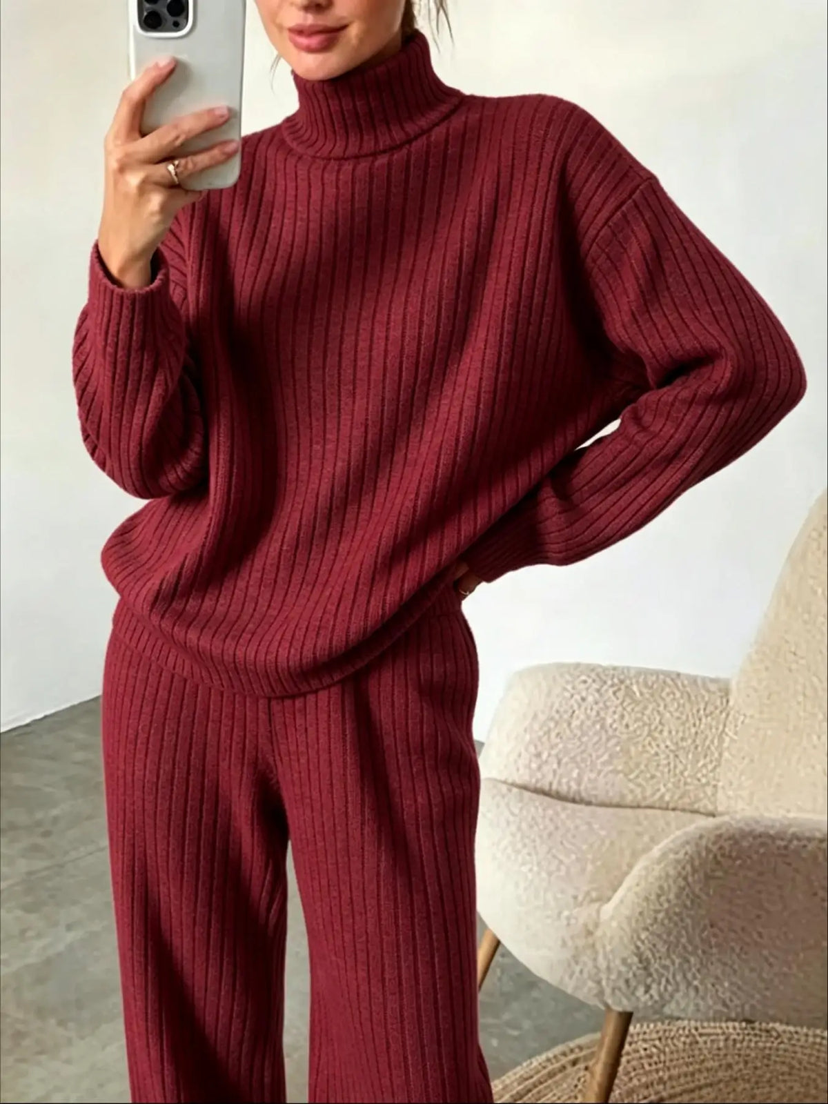 Women's Turtleneck Top and Wide-Leg Pants Set