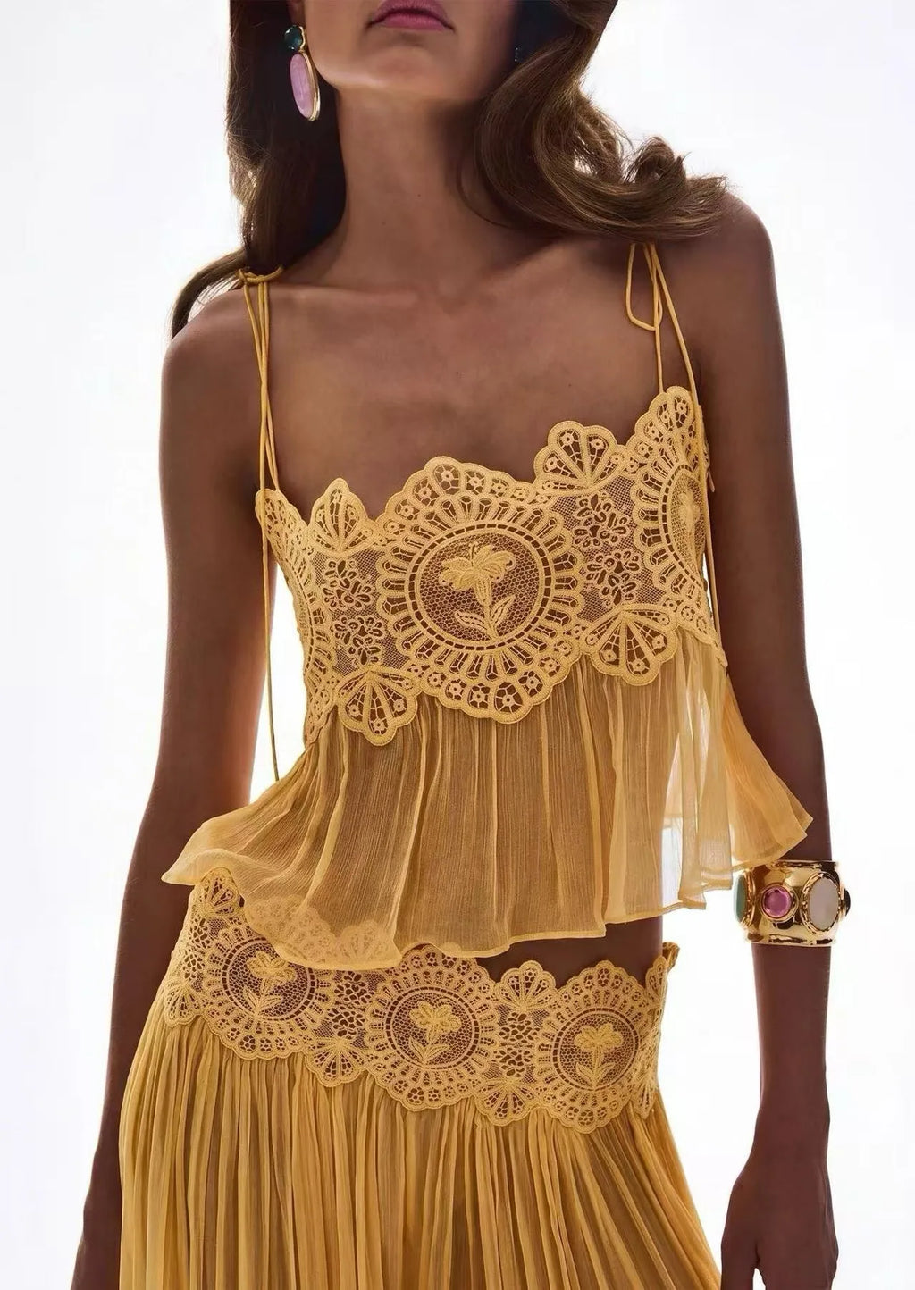 Women's Floral Lace-Look Crop Top and Lantern Pants Set