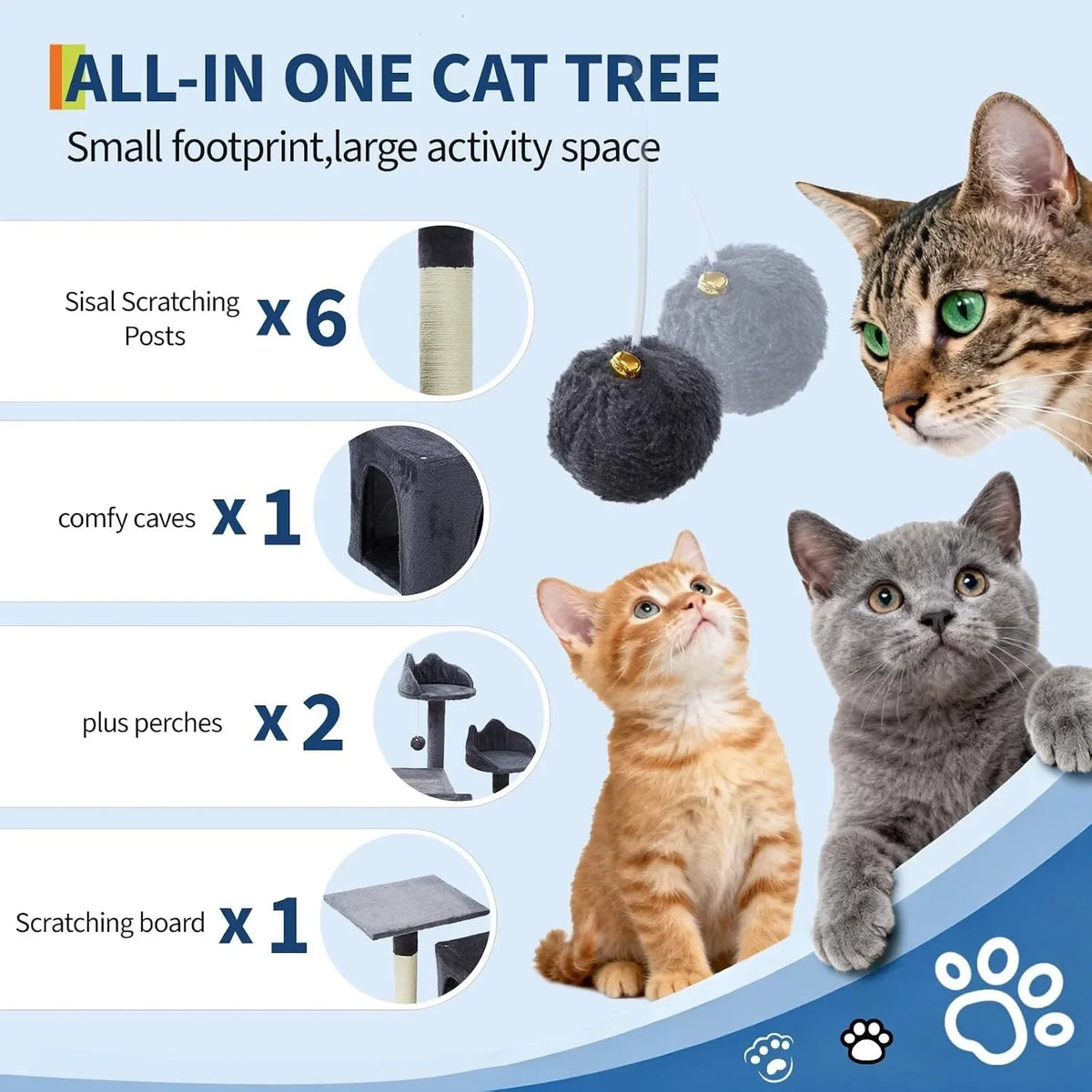 72" Cat Tree with Hammock, Perches & Scratching Posts