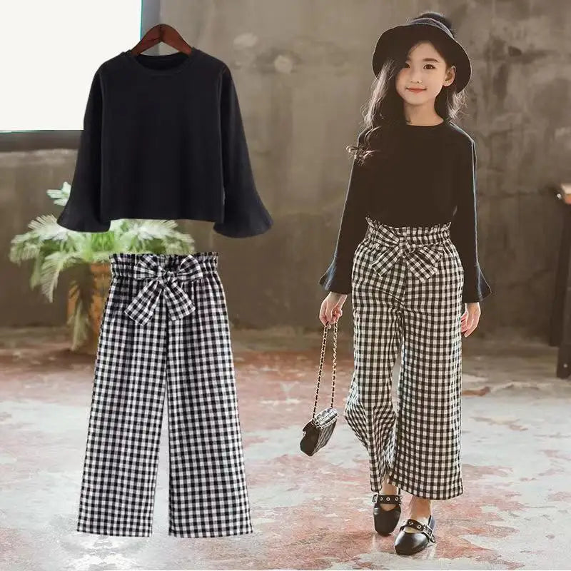 Girls' Plaid Wide-Leg Pants & Long-Sleeve Top Set