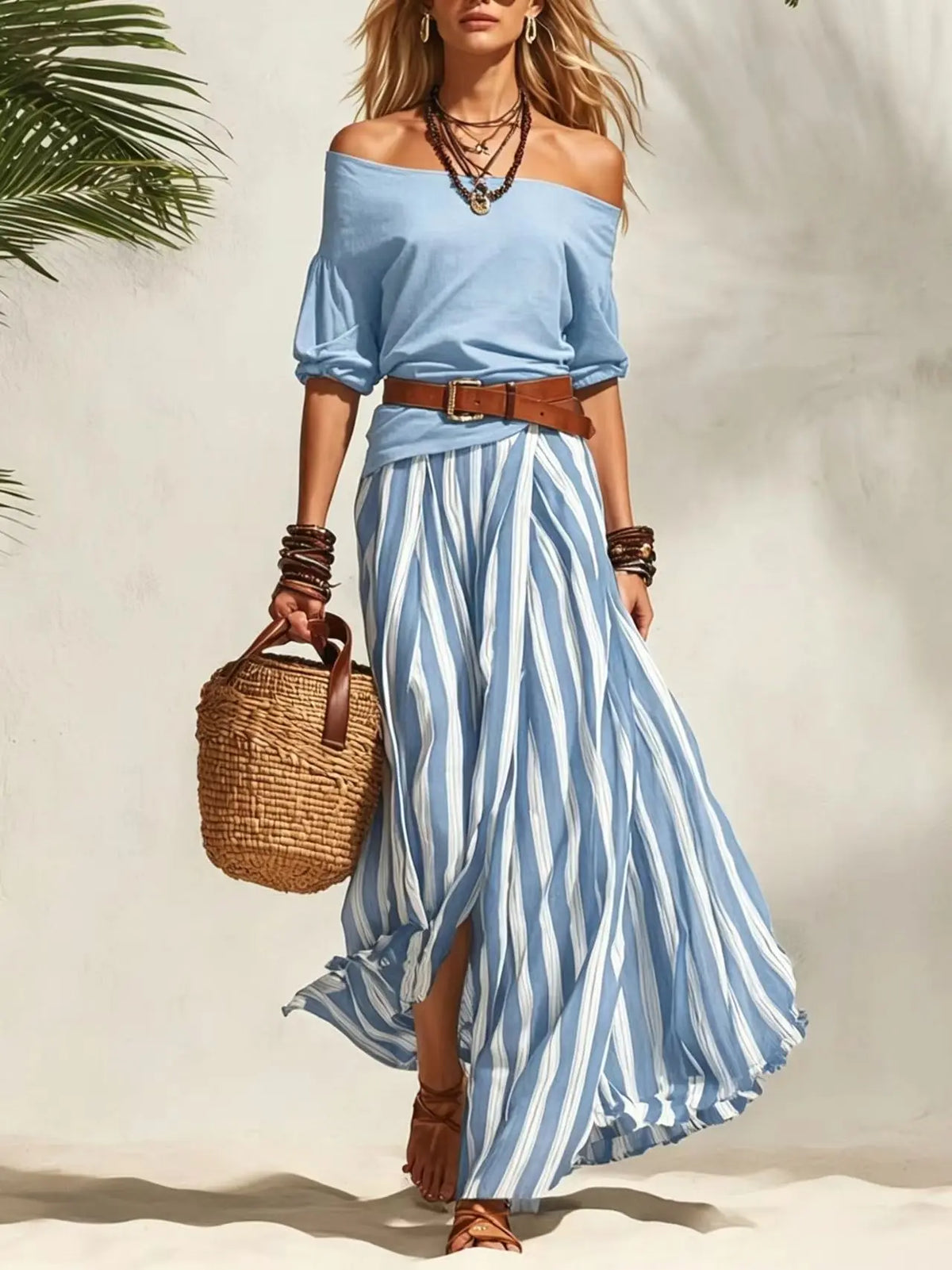 Off-Shoulder Puff-Sleeve Top & Maxi Skirt Set