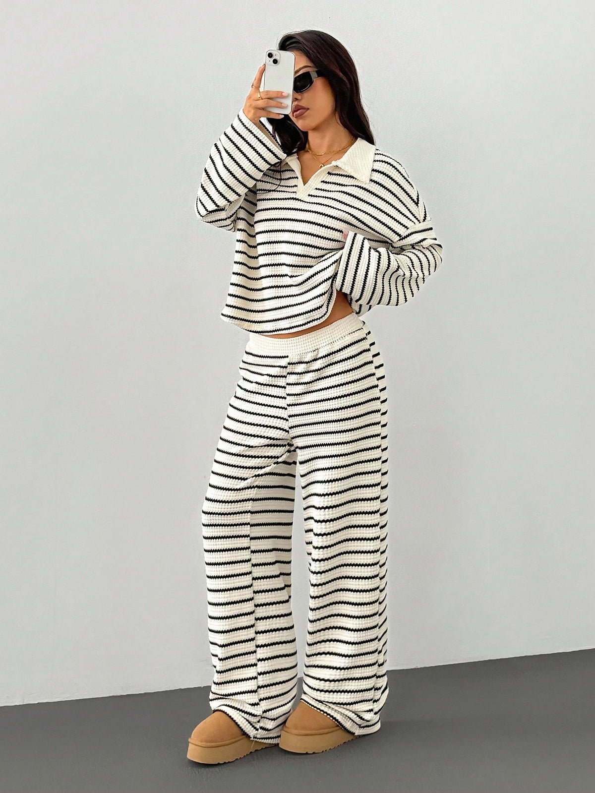 Women's Striped V-Neck Top and Pants Set