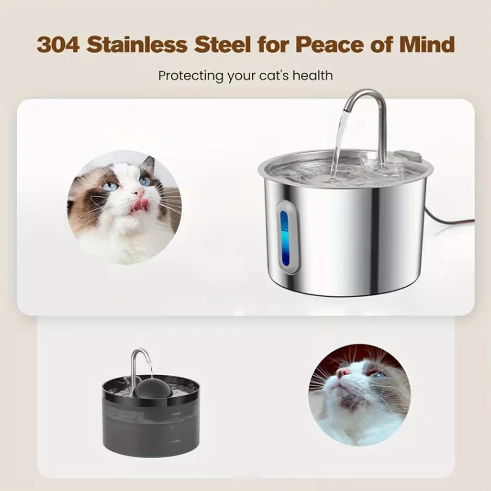 2.2L Cat Water Fountain 304 Stainless Steel Pet Water Dispenser, Cat and Dog Drinking Bowl with Visual Water Level Window Whispering Desires Shoppe