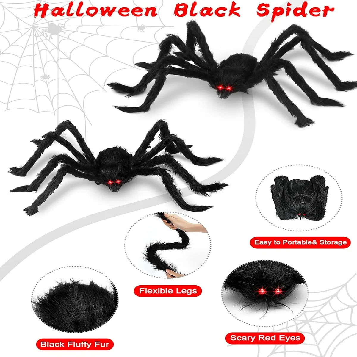 Black Plush Spider Halloween Decoration, 30–200 cm
