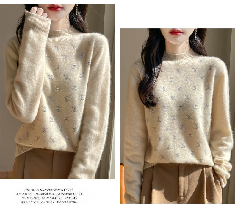 Women Fine Wool Thickening Sweater Half-high Collar Leaf studded With Diamonds Pullover Female Knitted Basis Tops Autumn Winter Dsers