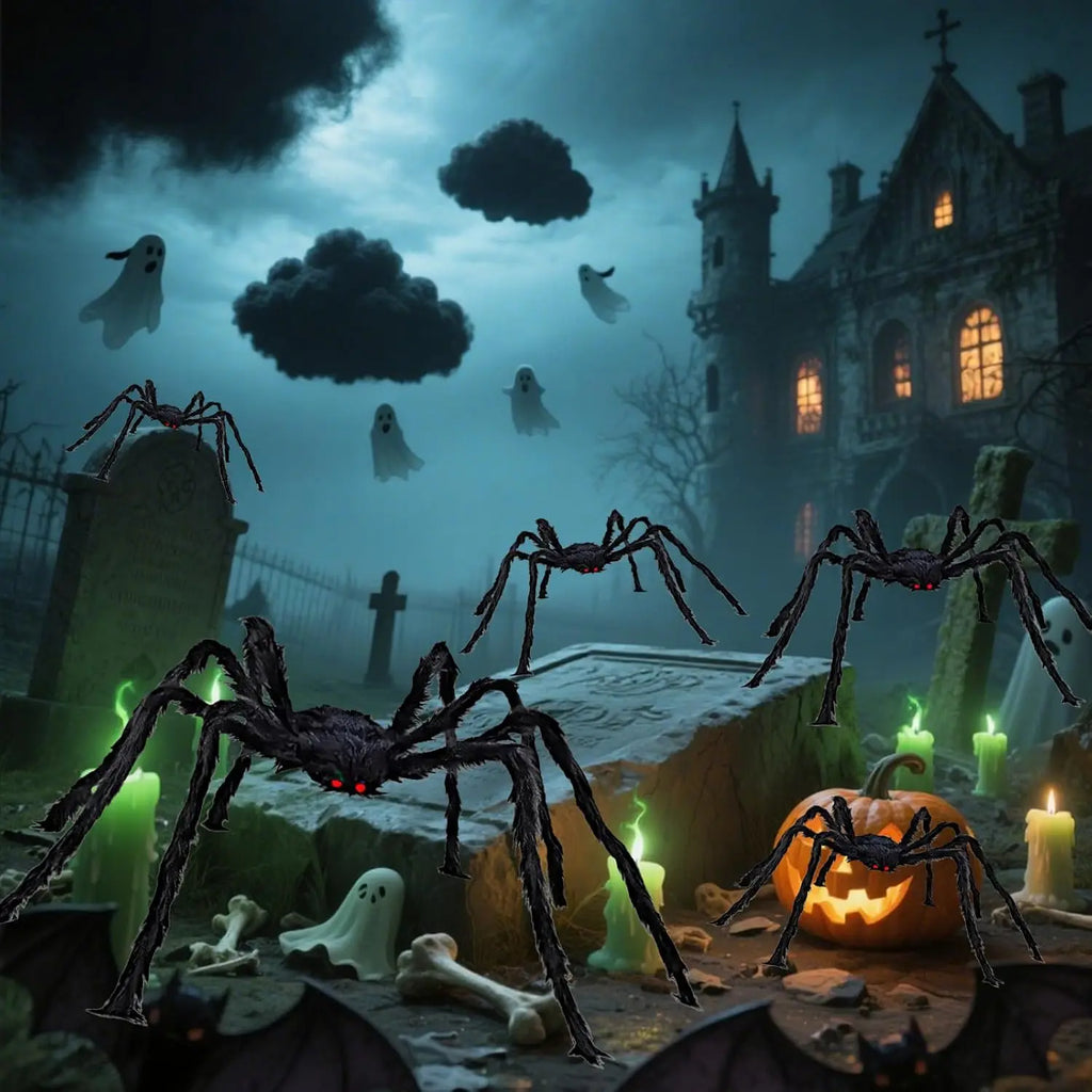 Black Plush Spider Halloween Decoration, 30–200 cm