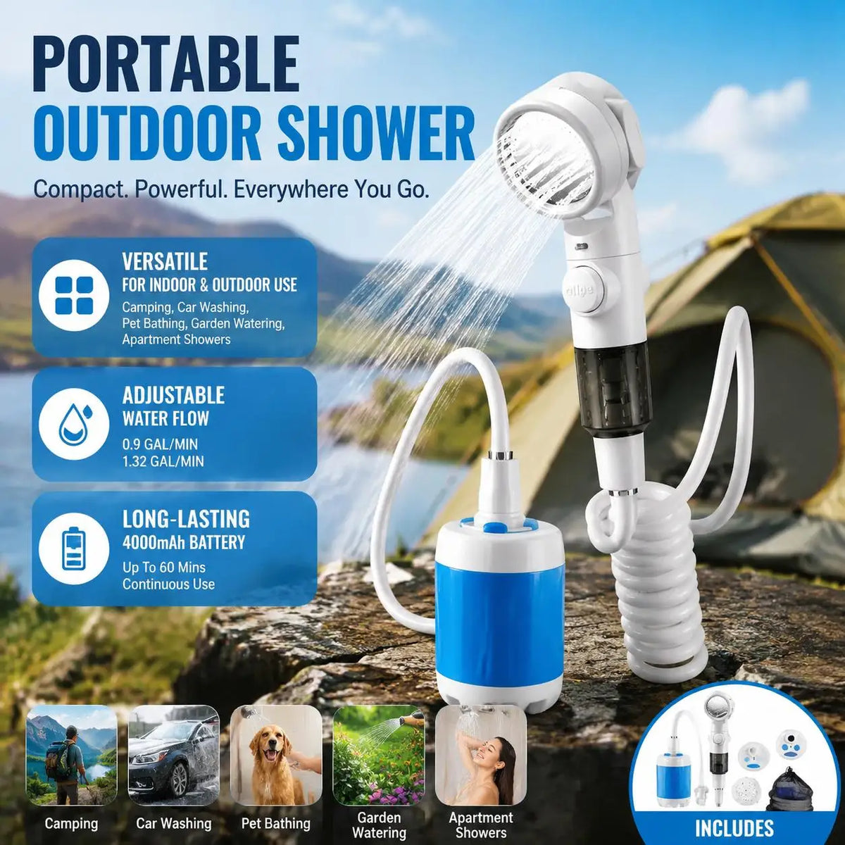 Outdoor Shower Portable Handheld Rechargeable Gentle Pet Bath Sprayer for Dogs and Cats Versatile Water Pump for Car Wash Garden Watering and Flower Care Cordless Low Energy Bath Grooming Equipment Kit Whispering Desires Shoppe