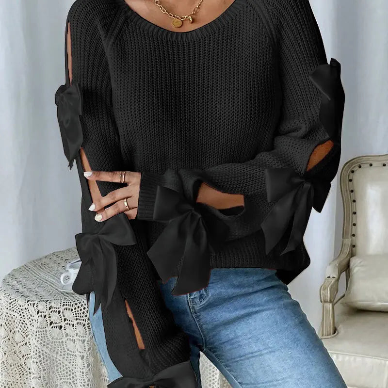 Bow-Detail Cutout Round-Neck Sweater
