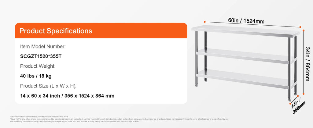 SucceBuy Stainless-Steel Kitchen Prep Work Table