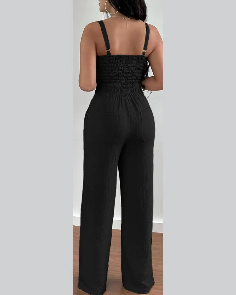 Women's Printed V-Neck Halter Top and Wide-Leg Pants Set