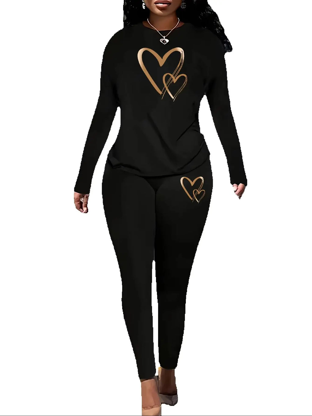 Women's Heart-Print Top and Pants Set