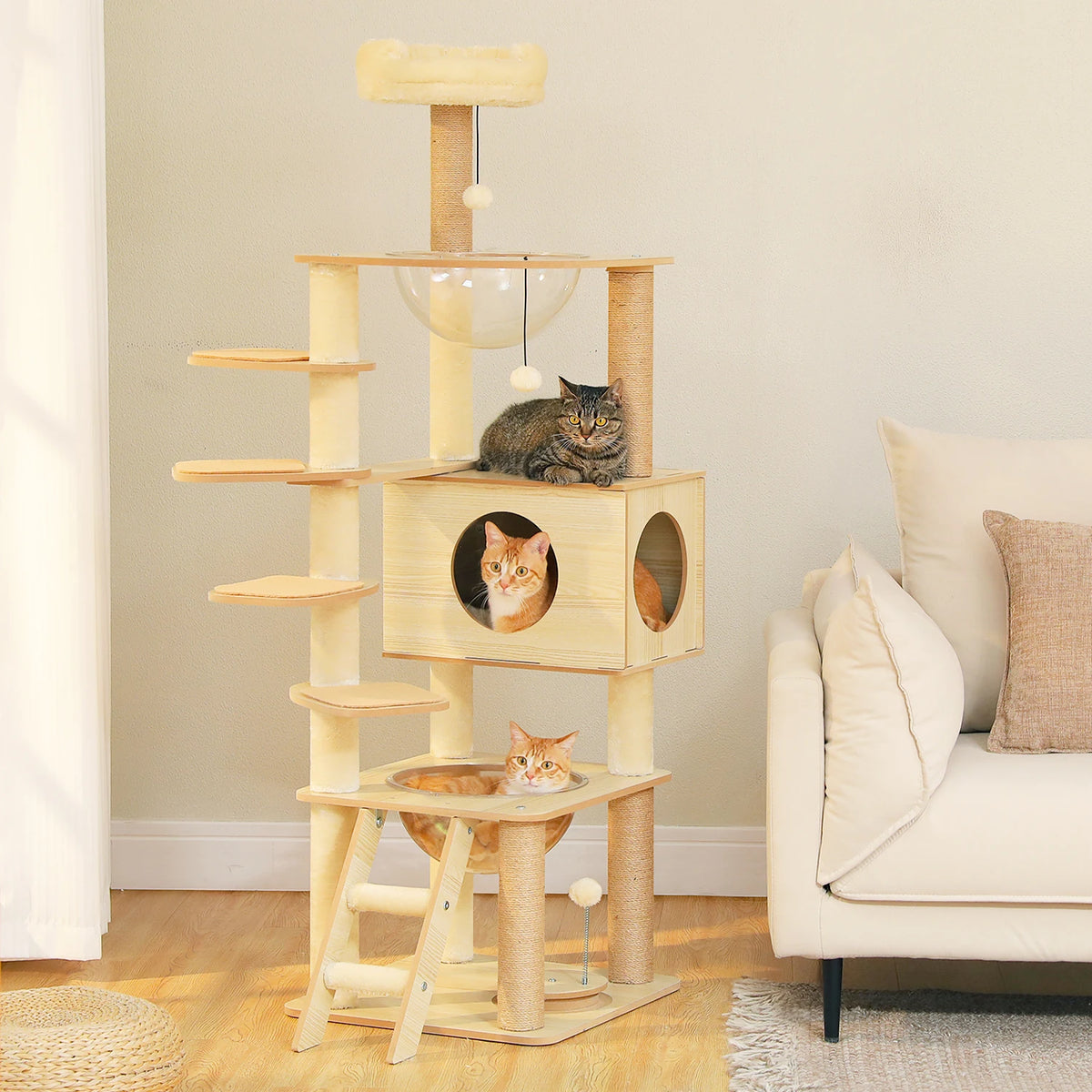 Multi-Level Wooden Cat Tree with Condo & Hammock
