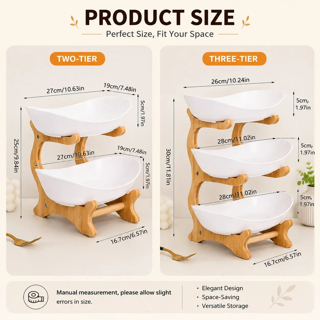 Bamboo-Frame Tiered Fruit Stand with PP Bowls