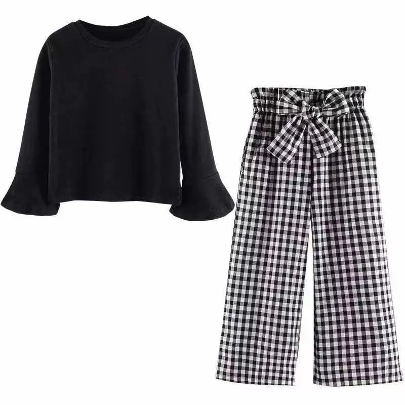 Girls' Plaid Wide-Leg Pants & Long-Sleeve Top Set