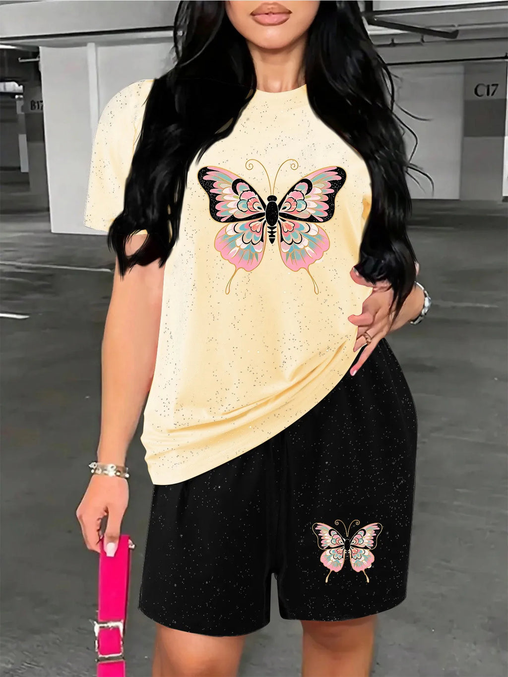 Women's Printed Short-Sleeve Top and Shorts Set