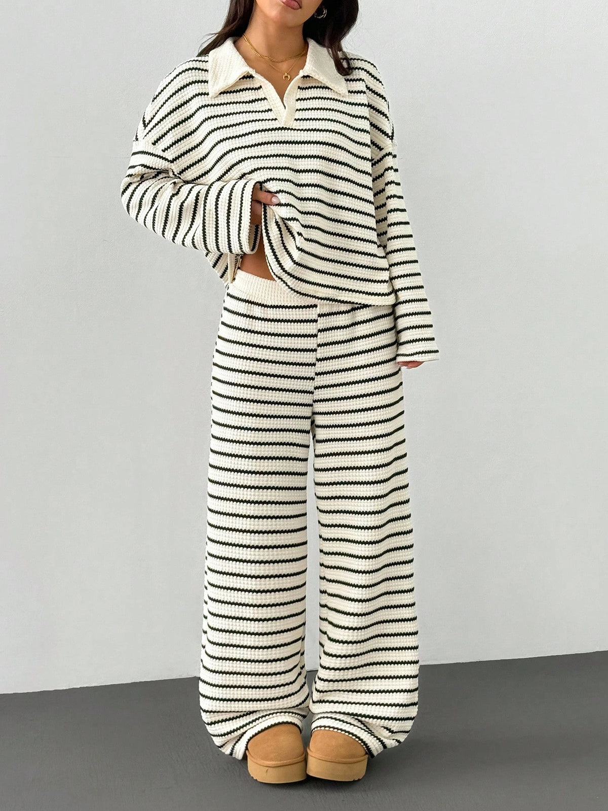 Women's Striped V-Neck Top and Pants Set