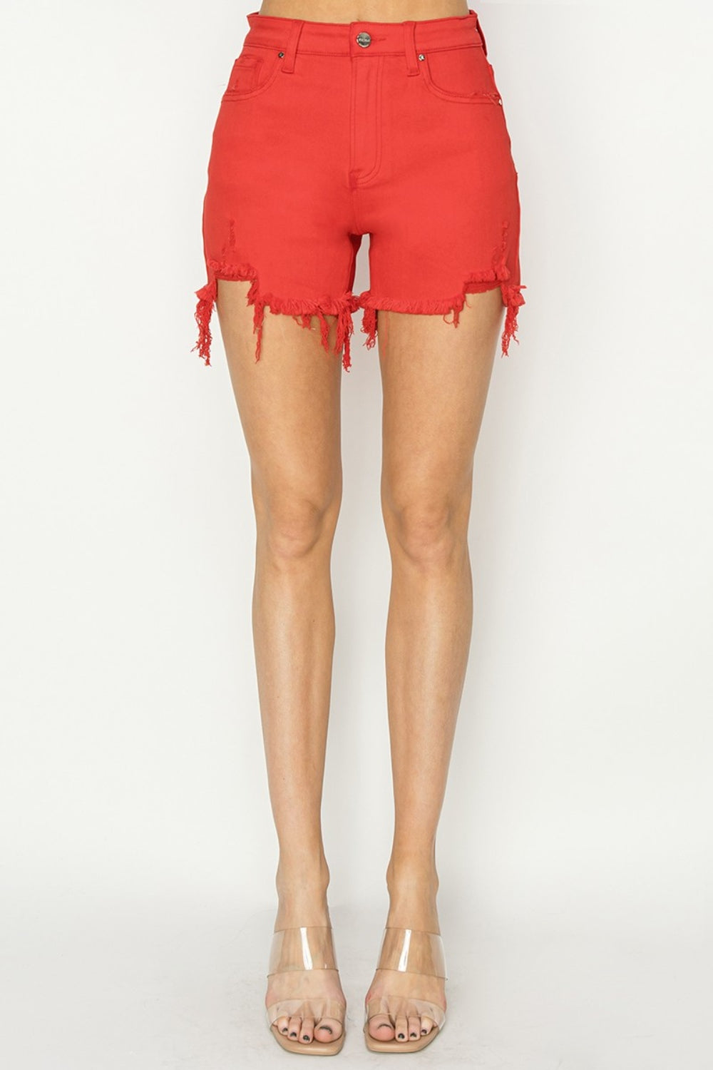 RISEN High-Rise Distressed Denim Shorts - Whispering Desires Shoppe