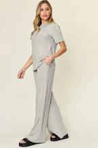 Double Take Short-Sleeve & Wide-Leg Two-Piece Set - Whispering Desires Shoppe