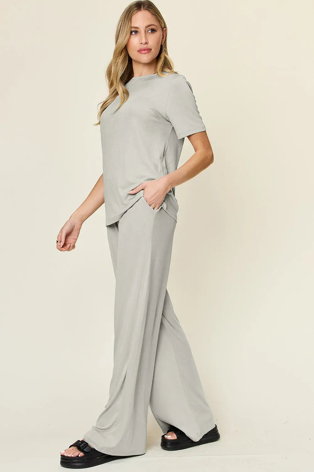 Double Take Short-Sleeve & Wide-Leg Two-Piece Set - Whispering Desires Shoppe