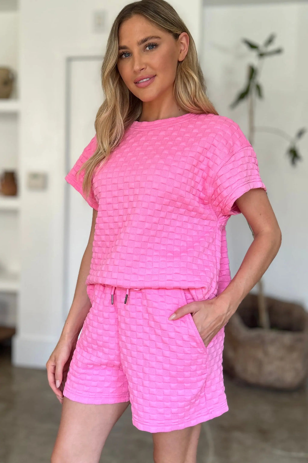 Double Take Textured T-Shirt & Drawstring Shorts Set - Whispering Desires Shoppe