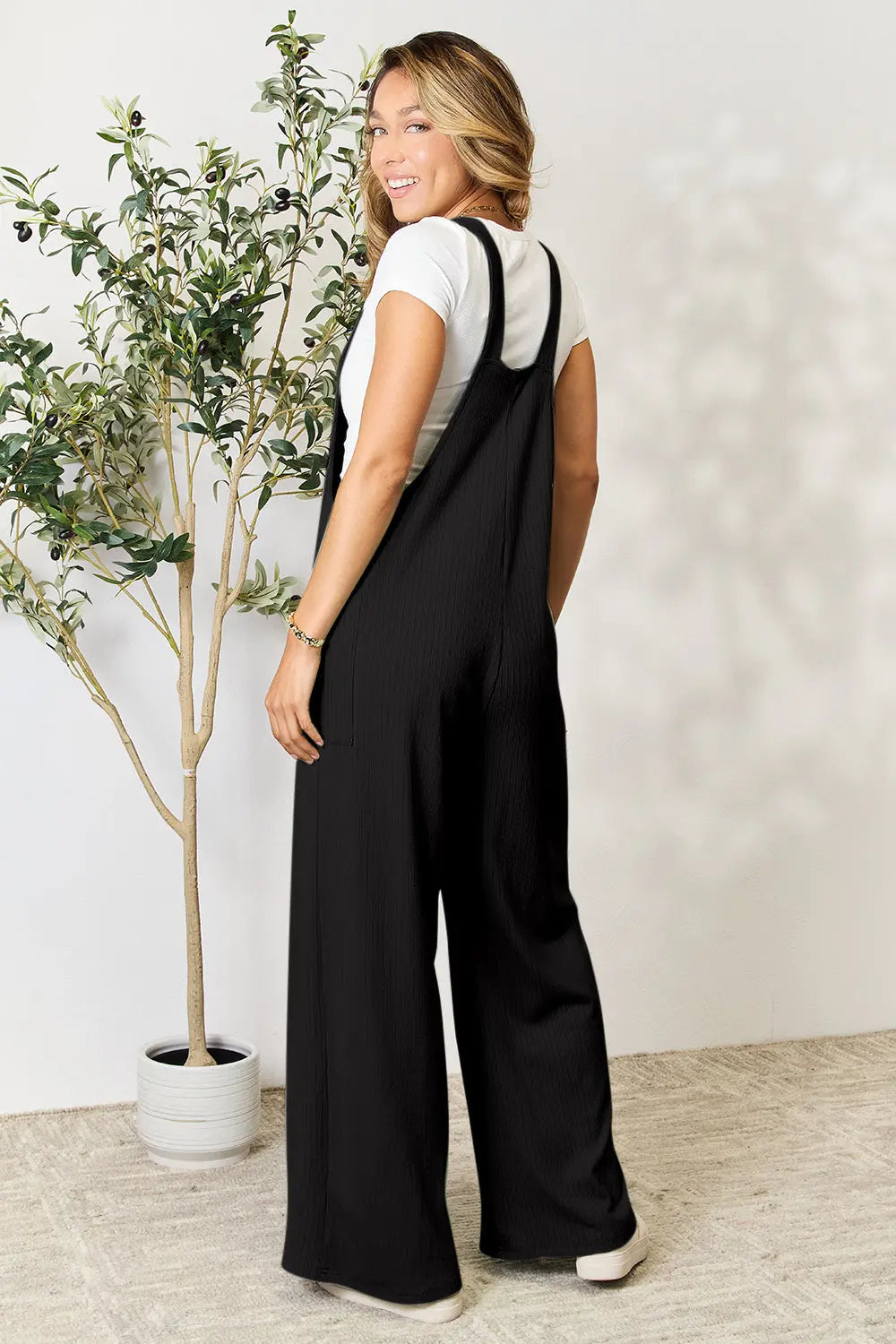Double Take Wide-Strap Ribbed Overall with Pockets - Whispering Desires Shoppe