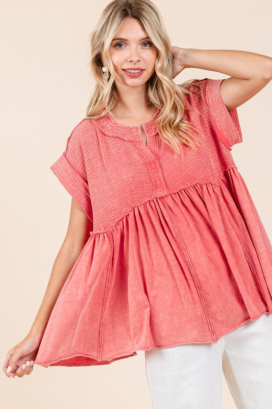 Mittoshop Mixed Media Mineral Wash Babydoll Short Sleeve Blouse - Whispering Desires Shoppe