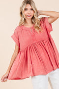 Mittoshop Mixed Media Mineral Wash Babydoll Short Sleeve Blouse - Whispering Desires Shoppe