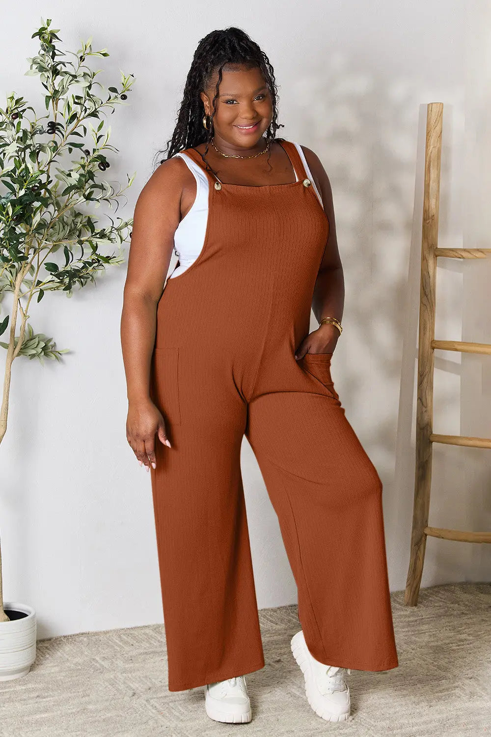 Double Take Wide-Strap Ribbed Overall with Pockets - Whispering Desires Shoppe