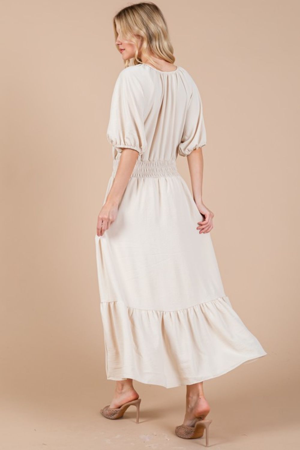 Ces Femme Smocked Elastic Waist Tie Neck Puff Sleeve Dress - Whispering Desires Shoppe