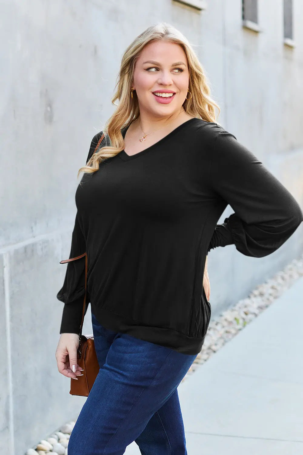 Basic Bae V-Neck Lantern Sleeve Top — Full Sizes - Whispering Desires Shoppe