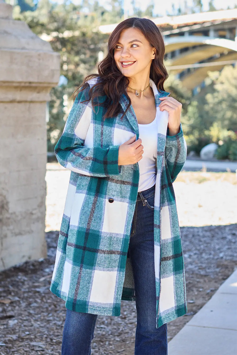 Double Take Full-Size Plaid Lapel Coat - Whispering Desires Shoppe