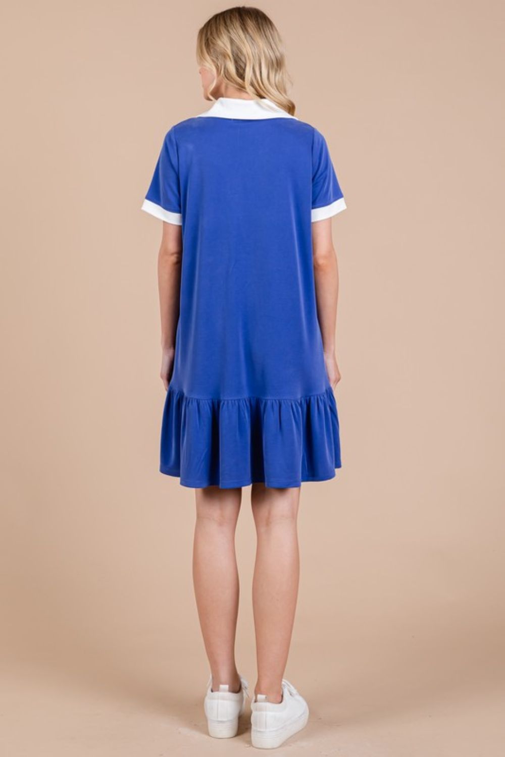 Ces Femme Ruffled Hem Johnny Collar Short Sleeve Dress - Whispering Desires Shoppe