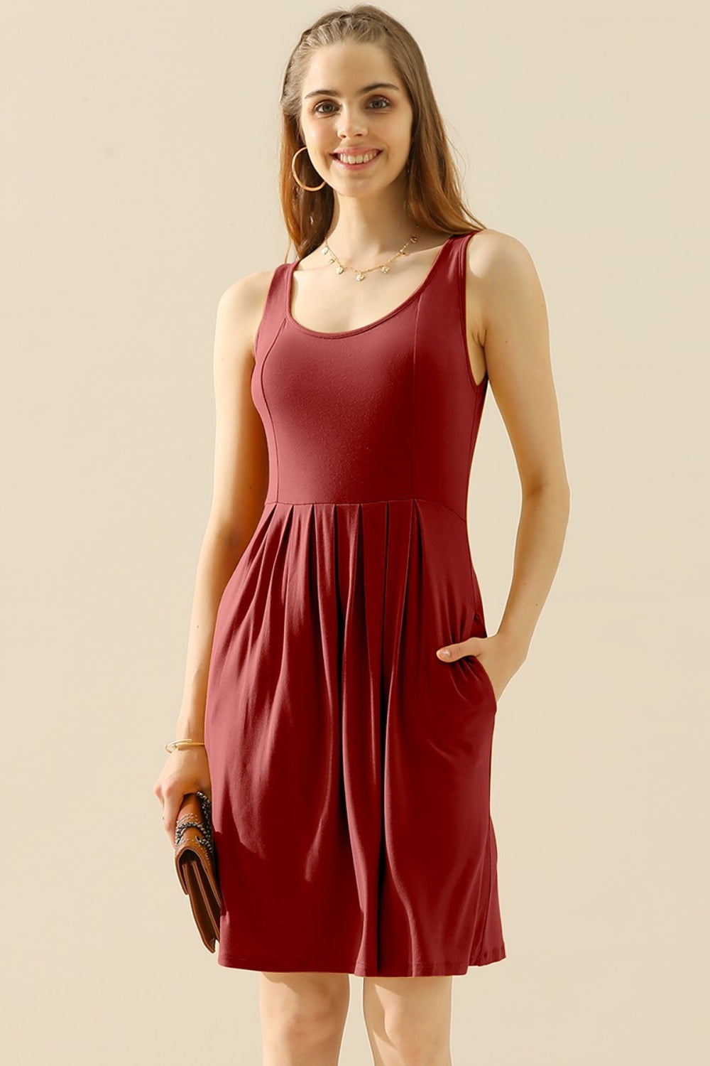 Doublju Ruched Round-Neck Sleeveless Dress w/ Pockets - Whispering Desires Shoppe