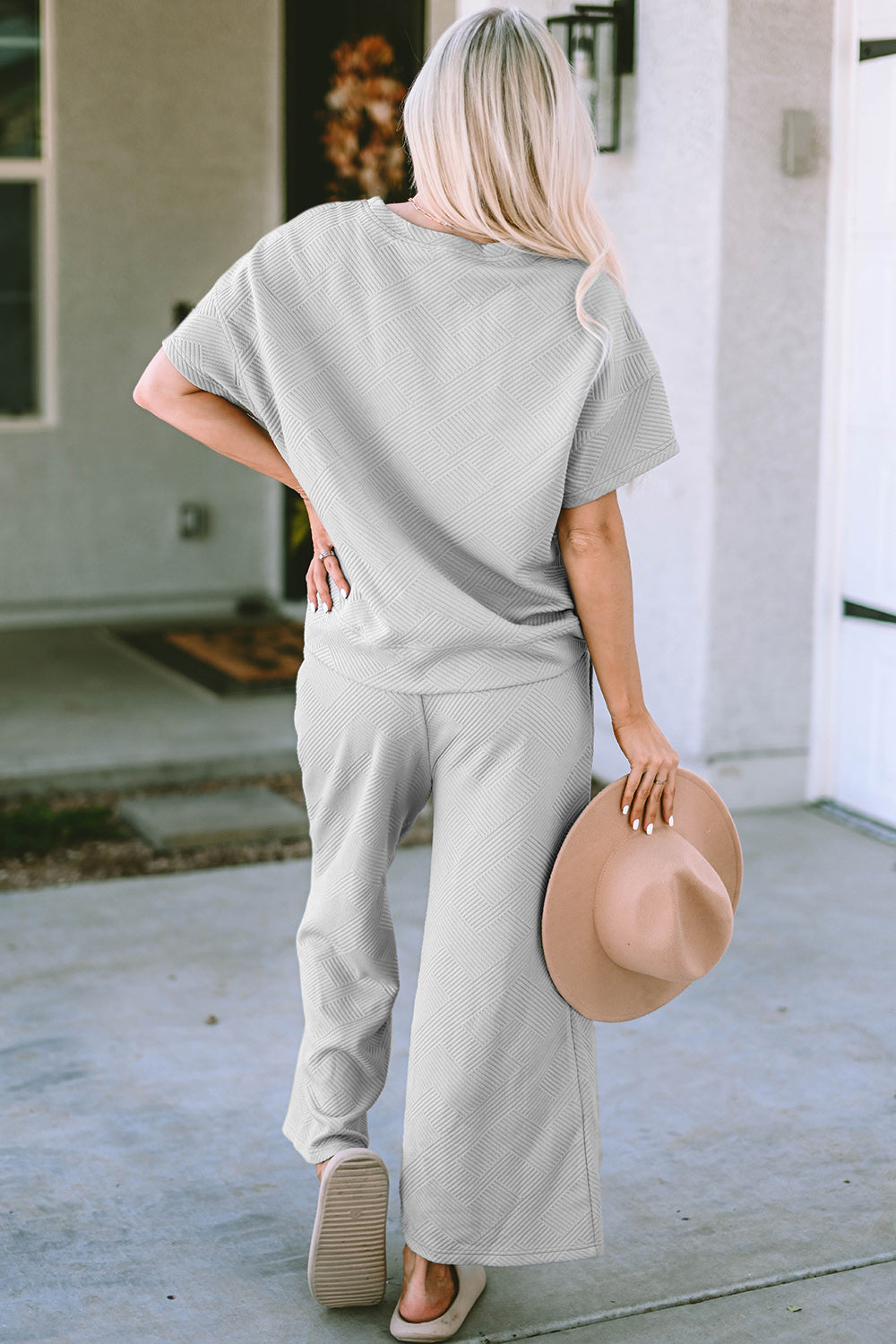 Double Take Full Size Texture Short Sleeve Top and Pants Set - Whispering Desires Shoppe