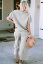 Double Take Full Size Texture Short Sleeve Top and Pants Set - Whispering Desires Shoppe