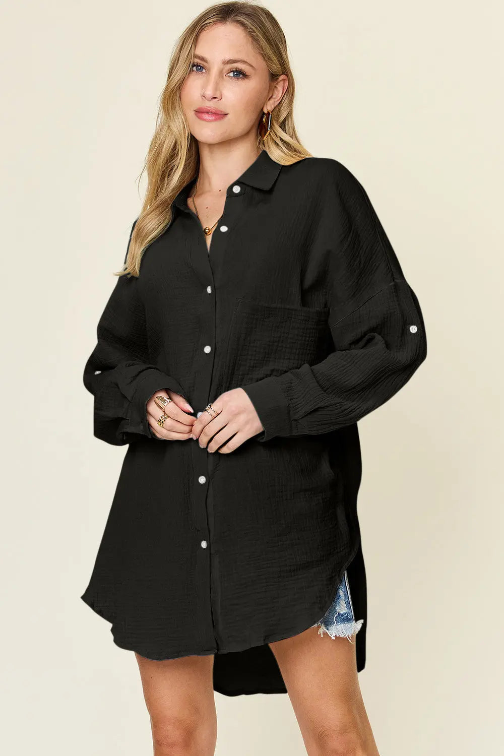 Double Take Textured Cotton Button-Up Shirt - Whispering Desires Shoppe