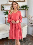 Double Take V-Neck Balloon Sleeve Tiered Dress w/ Pockets - Whispering Desires Shoppe