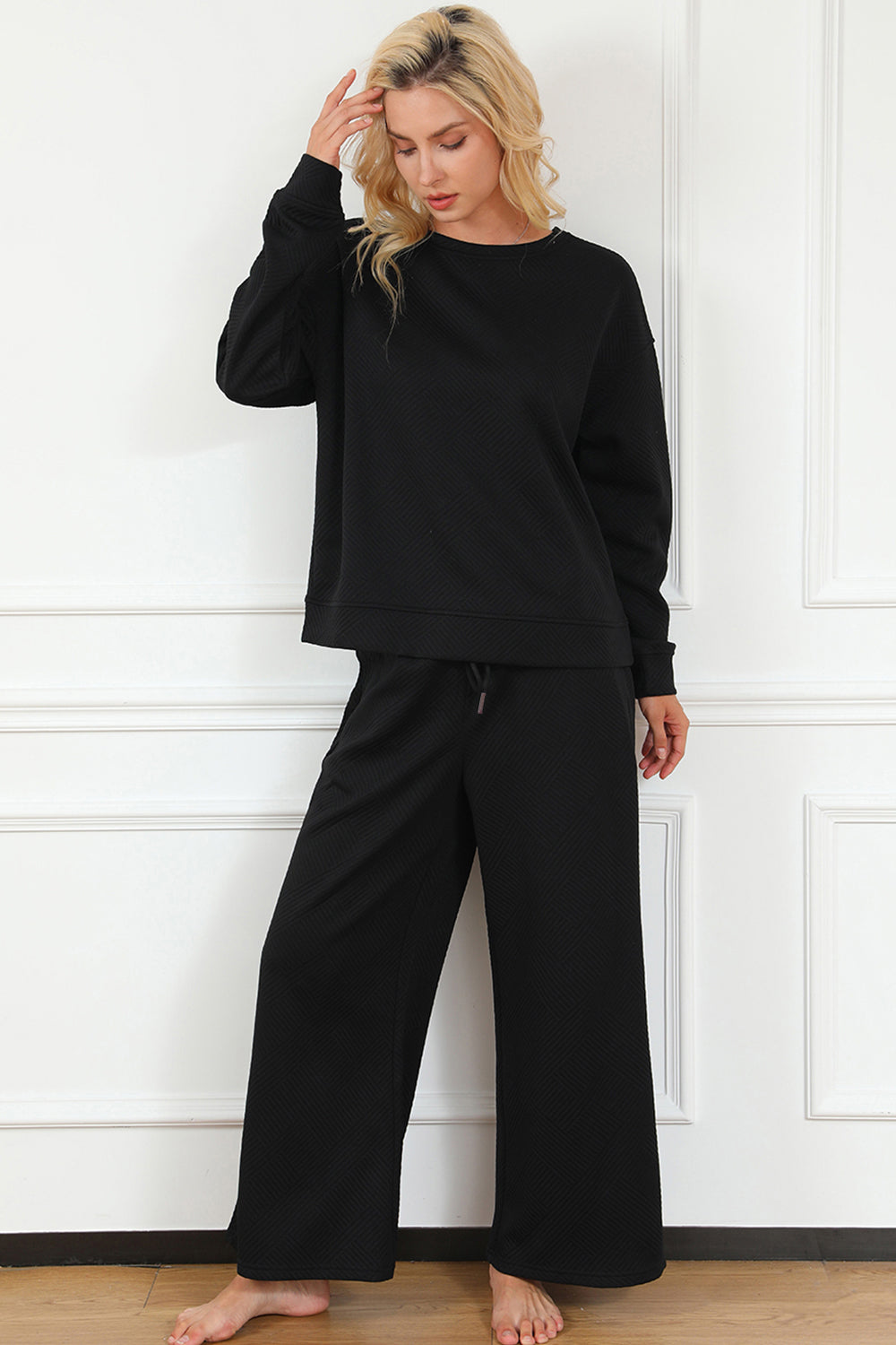 Double Take Full Size Textured Long Sleeve Top and Drawstring Pants Set - Whispering Desires Shoppe