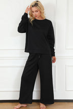 Double Take Full Size Textured Long Sleeve Top and Drawstring Pants Set - Whispering Desires Shoppe