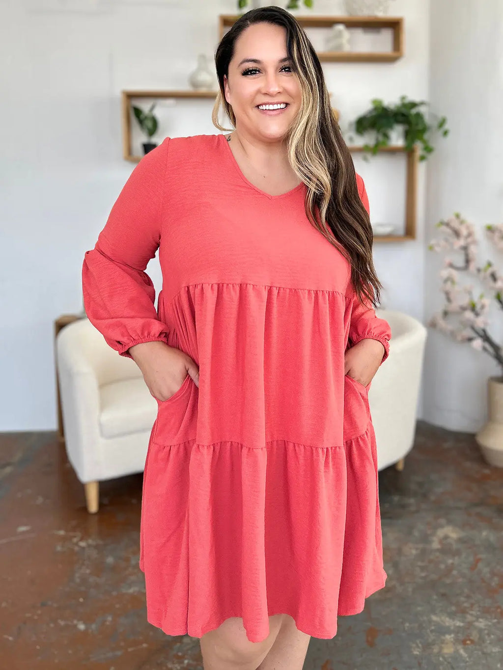 Double Take V-Neck Balloon Sleeve Tiered Dress w/ Pockets - Whispering Desires Shoppe
