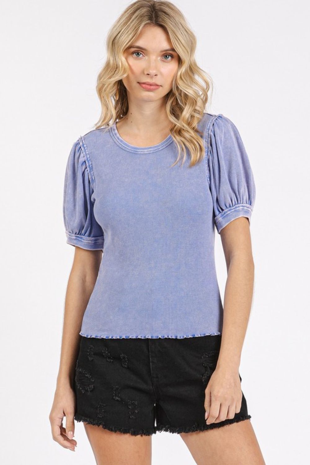 Mittoshop Mineral Wash Puff Sleeve Rib Knit T-Shirt - Whispering Desires Shoppe