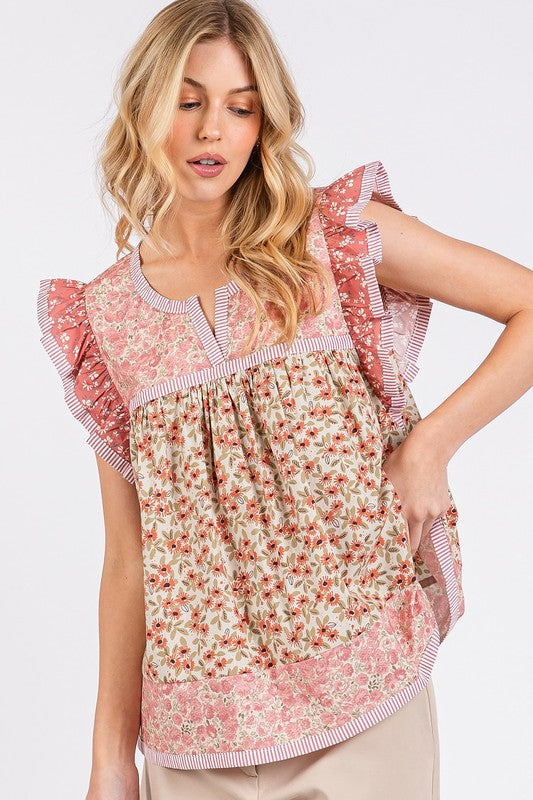 Mittoshop Floral Notched Ruffled Cap Sleeve Blouse - Whispering Desires Shoppe